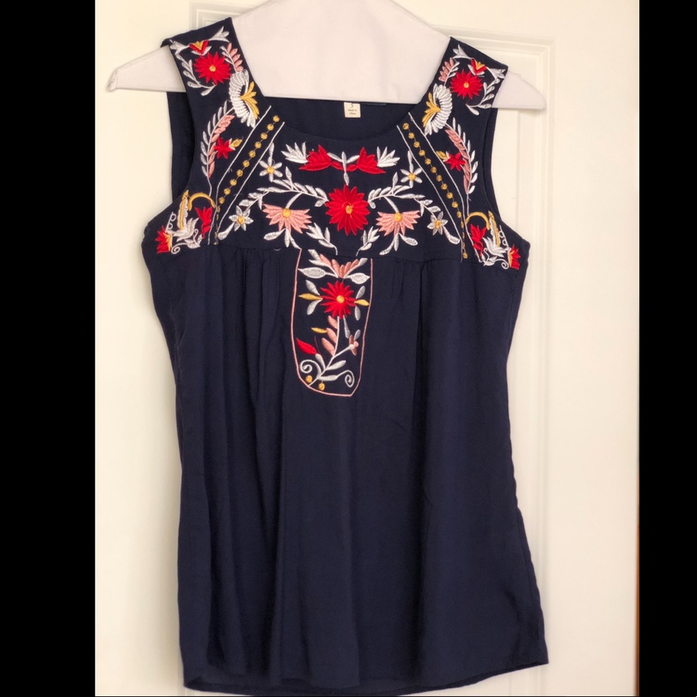 Navy tank with flower embroidery size small